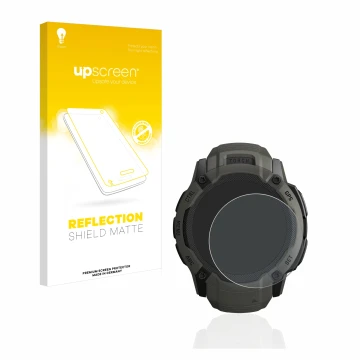 Face avant d’un emballage produit avec le logo de la marque upscreen. À côté, l’appareil Garmin Instinct 2X Solar est représen