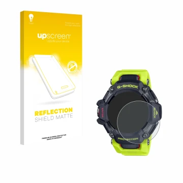 Face avant d’un emballage produit avec le logo de la marque upscreen. À côté, l’appareil Casio G-Shock GBD-H2000 est représent