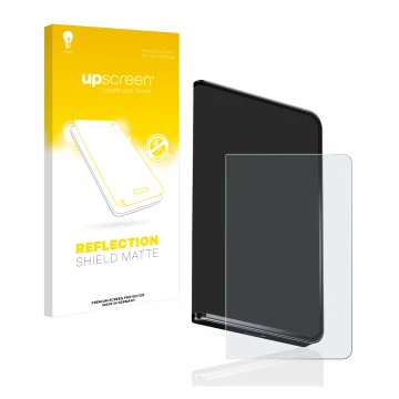 Face avant d’un emballage produit avec le logo de la marque upscreen. À côté, l’appareil Ledger Stax crypto wallet est représe