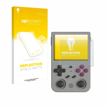 Face avant d’un emballage produit avec le logo de la marque upscreen. À côté, l’appareil Anbernic RG353V est représenté avec l