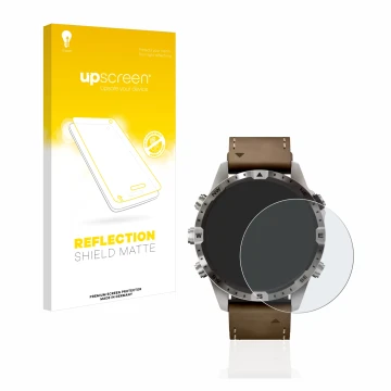 Face avant d’un emballage produit avec le logo de la marque upscreen. À côté, l’appareil Garmin Marq Adventurer (Gen 2) est re