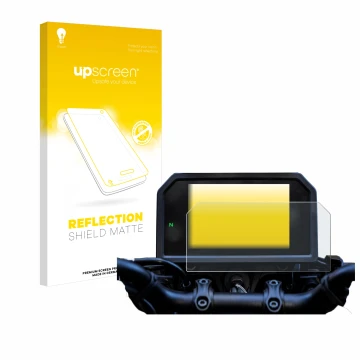 Face avant d’un emballage produit avec le logo de la marque upscreen. À côté, l’appareil Yamaha Tracer 9 GT+ 2023 est représen