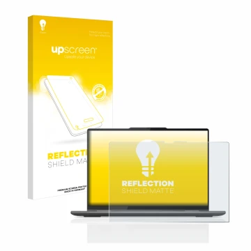 Face avant d’un emballage produit avec le logo de la marque upscreen. À côté, l’appareil Lenovo Yoga 7 Gen 8 14