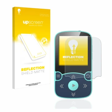 Face avant d’un emballage produit avec le logo de la marque upscreen. À côté, l’appareil AGPtek A65X MP3 Player with clip est 