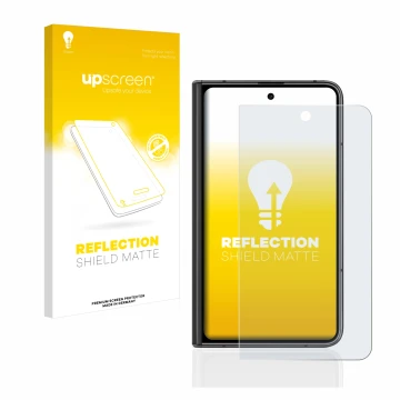 Face avant d’un emballage produit avec le logo de la marque upscreen. À côté, l’appareil Google Pixel Fold (Affichage externe)