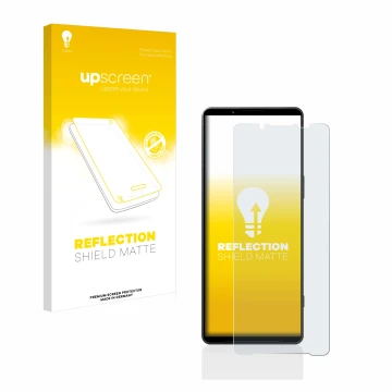 Face avant d’un emballage produit avec le logo de la marque upscreen. À côté, l’appareil Sony Xperia 1 V est représenté avec l