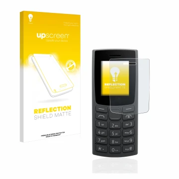 Face avant d’un emballage produit avec le logo de la marque upscreen. À côté, l’appareil Nokia 105 (2023) est représenté avec 
