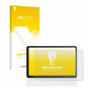 Face avant d’un emballage produit avec le logo de la marque upscreen. À côté, l’appareil Amazon Fire Max 11 est représenté ave