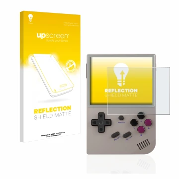 Face avant d’un emballage produit avec le logo de la marque upscreen. À côté, l’appareil Anbernic RG35XX est représenté avec l