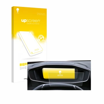 Face avant d’un emballage produit avec le logo de la marque upscreen. À côté, l’appareil Peugeot 2008 2022 Cockpit est représe