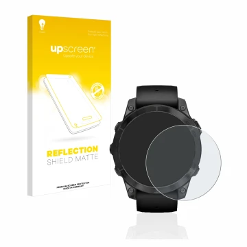 Face avant d’un emballage produit avec le logo de la marque upscreen. À côté, l’appareil Garmin Epix Pro (Gen 2) (47 mm) est r