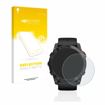 Face avant d’un emballage produit avec le logo de la marque upscreen. À côté, l’appareil Garmin Fenix 7X Pro Solar (51 mm) est