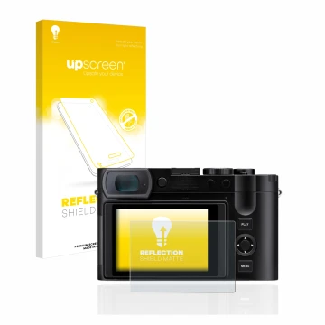 Face avant d’un emballage produit avec le logo de la marque upscreen. À côté, l’appareil Leica Q3 est représenté avec la prote