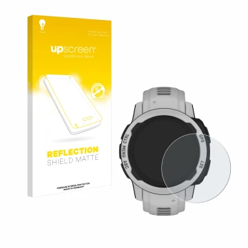 Face avant d’un emballage produit avec le logo de la marque upscreen. À côté, l’appareil Garmin Instinct 2S Solar (40 mm) est 