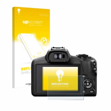 Face avant d’un emballage produit avec le logo de la marque upscreen. À côté, l’appareil Canon EOS R100 est représenté avec la