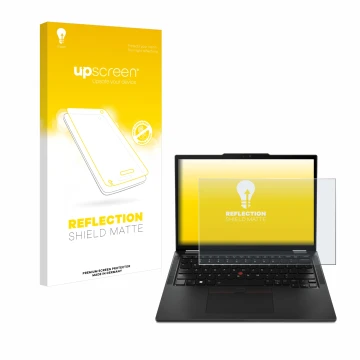 Face avant d’un emballage produit avec le logo de la marque upscreen. À côté, l’appareil Lenovo ThinkPad X13 Gen 4 est représe