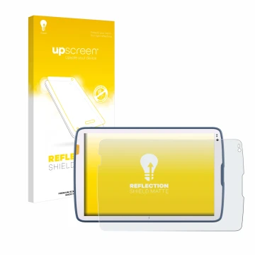 Face avant d’un emballage produit avec le logo de la marque upscreen. À côté, l’appareil Zebra ET40 10.1