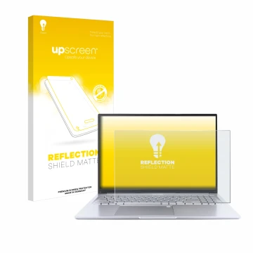 Face avant d’un emballage produit avec le logo de la marque upscreen. À côté, l’appareil ASUS Vivobook 16 M1605 est représenté