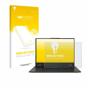 Face avant d’un emballage produit avec le logo de la marque upscreen. À côté, l’appareil ASUS Vivobook S 16 Flip OLED TP3604 e