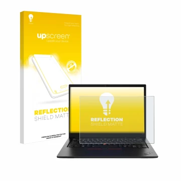 Face avant d’un emballage produit avec le logo de la marque upscreen. À côté, l’appareil Lenovo ThinkPad L13 Gen 4 Touch est r
