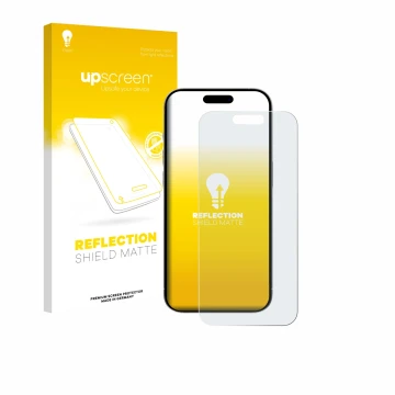 Face avant d’un emballage produit avec le logo de la marque upscreen. À côté, l’appareil Apple iPhone 15 est représenté avec l