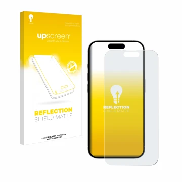 Face avant d’un emballage produit avec le logo de la marque upscreen. À côté, l’appareil Apple iPhone 15 Plus est représenté a