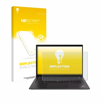 Face avant d’un emballage produit avec le logo de la marque upscreen. À côté, l’appareil Lenovo ThinkPad T14s Gen 4 est représ