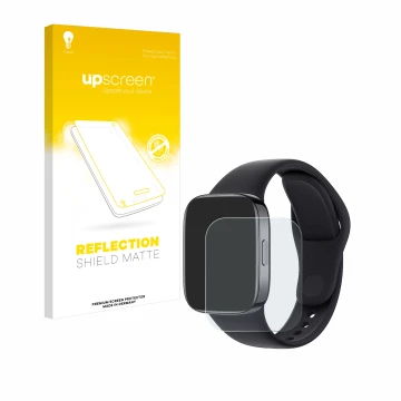 Face avant d’un emballage produit avec le logo de la marque upscreen. À côté, l’appareil Xiaomi Redmi Watch 3 est représenté a