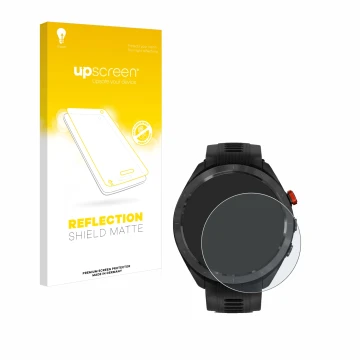 Face avant d’un emballage produit avec le logo de la marque upscreen. À côté, l’appareil Garmin Approach S70 (47 mm) est repré