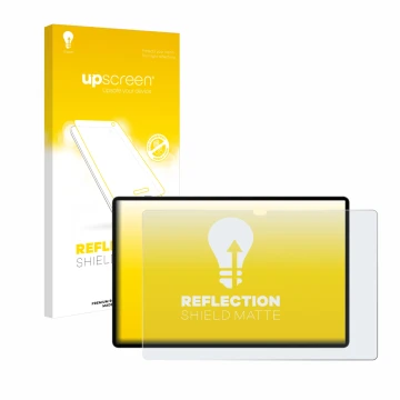 Face avant d’un emballage produit avec le logo de la marque upscreen. À côté, l’appareil Samsung Galaxy Tab S9 Ultra 5G est re