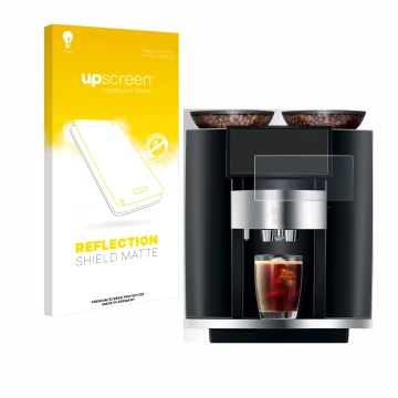 Face avant d’un emballage produit avec le logo de la marque upscreen. À côté, l’appareil Jura Giga 10 est représenté avec la p