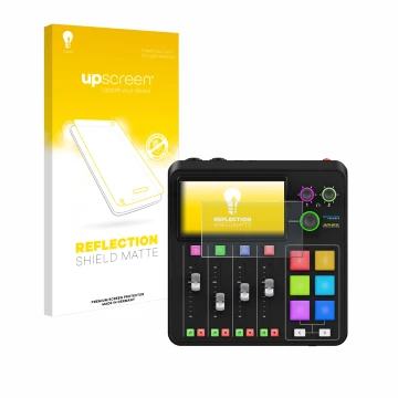 Face avant d’un emballage produit avec le logo de la marque upscreen. À côté, l’appareil Rode Rodecaster Duo est représenté av
