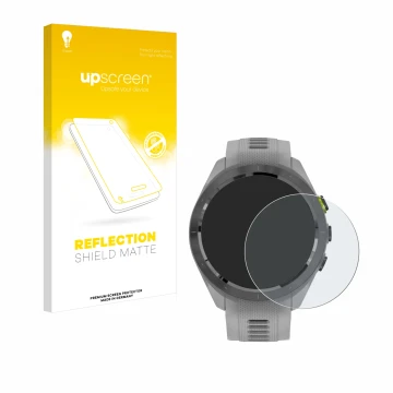 Face avant d’un emballage produit avec le logo de la marque upscreen. À côté, l’appareil Garmin Approach S70 (42 mm) est repré