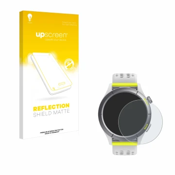 Face avant d’un emballage produit avec le logo de la marque upscreen. À côté, l’appareil Huami Amazfit Cheetah est représenté 