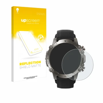 Face avant d’un emballage produit avec le logo de la marque upscreen. À côté, l’appareil Huami Amazfit Falcon est représenté a