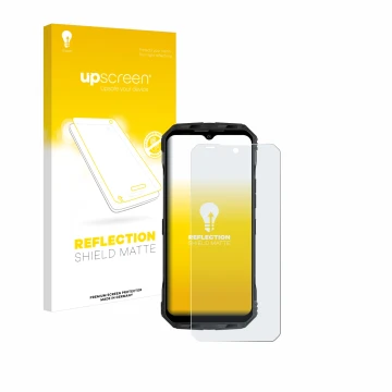 Face avant d’un emballage produit avec le logo de la marque upscreen. À côté, l’appareil Doogee V Max est représenté avec la p