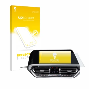 Face avant d’un emballage produit avec le logo de la marque upscreen. À côté, l’appareil BMW 3 G20 2020 est représenté avec la