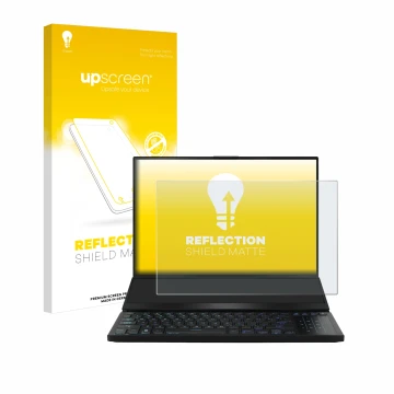 Face avant d’un emballage produit avec le logo de la marque upscreen. À côté, l’appareil ASUS ROG Zephyrus Duo 16 2023 est rep