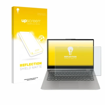 Face avant d’un emballage produit avec le logo de la marque upscreen. À côté, l’appareil Lenovo ThinkBook 14s Yoga G3 est repr