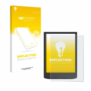 Face avant d’un emballage produit avec le logo de la marque upscreen. À côté, l’appareil PocketBook InkPad 4 est représenté av