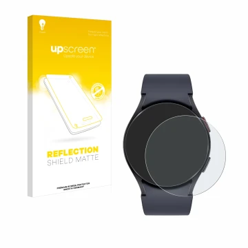 Face avant d’un emballage produit avec le logo de la marque upscreen. À côté, l’appareil Samsung Galaxy Watch 6 (40 mm) est re