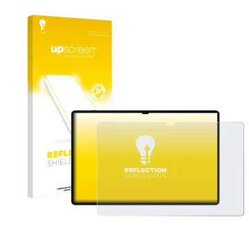 Face avant d’un emballage produit avec le logo de la marque upscreen. À côté, l’appareil Samsung Galaxy Tab S9 Ultra WiFi est 