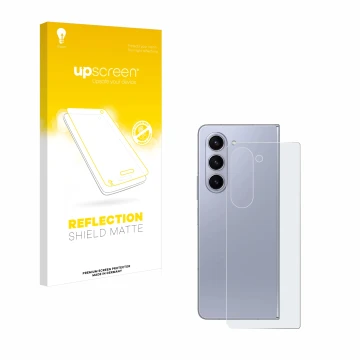 Face avant d’un emballage produit avec le logo de la marque upscreen. À côté, l’appareil Samsung Galaxy Z Fold 5 (Arrière) est
