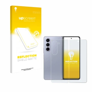 Face avant d’un emballage produit avec le logo de la marque upscreen. À côté, l’appareil Samsung Galaxy Z Fold 5 (Avant+Arrièr