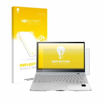 Face avant d’un emballage produit avec le logo de la marque upscreen. À côté, l’appareil Fujitsu Lifebook U9313X est représent