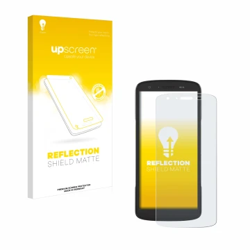 Face avant d’un emballage produit avec le logo de la marque upscreen. À côté, l’appareil Zebra TC27 est représenté avec la pro