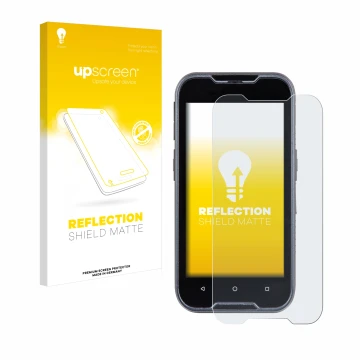 Face avant d’un emballage produit avec le logo de la marque upscreen. À côté, l’appareil Datalogic Memor 11 est représenté ave