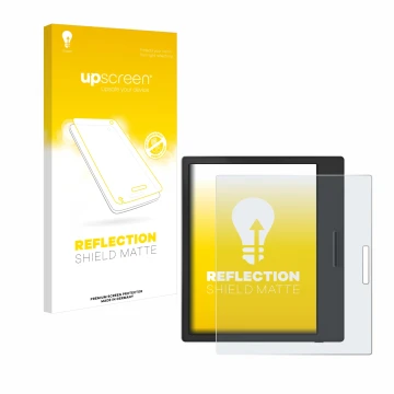 Face avant d’un emballage produit avec le logo de la marque upscreen. À côté, l’appareil Boox Page est représenté avec la prot