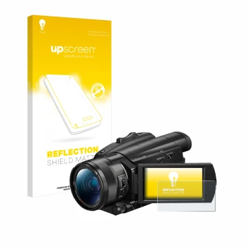 Face avant d’un emballage produit avec le logo de la marque upscreen. À côté, l’appareil Sony FDR-AX700 est représenté avec la