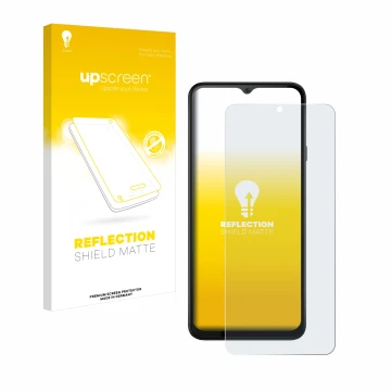Face avant d’un emballage produit avec le logo de la marque upscreen. À côté, l’appareil Cubot Note 50 est représenté avec la 